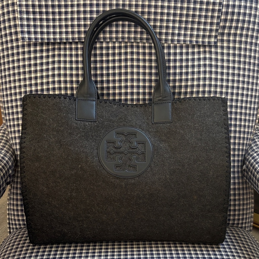 Tory Burch rare Ella Charcoal Gray Tote Bag/wool